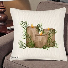 Perna Decorativa Lumanari Rustice cu Crengute Brad, 40x40 cm, Crem Reliefat, Husa Detasabila, Perna Inclusa, BEKZ®