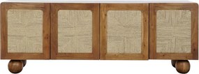 Bufet din lemn de acacia, natur, cu 4 uși cu panouri din ratan împletit și picioare sferice, finisaj natural, 60 x 165 x 45 cm, „Savanah”