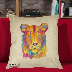 Perna Decorativa Leu Acuarela Curcubeu, 40x40 cm, Crem, Husa Detasabila, Perna Inclusa, BEKZ®