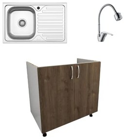 Set Masca Chiuveta Karo, Stejar Bronz/Alb, 80 x 50 x 80 cm, Chiuveta Inox, Cuva stanga, Baterie Flexibila