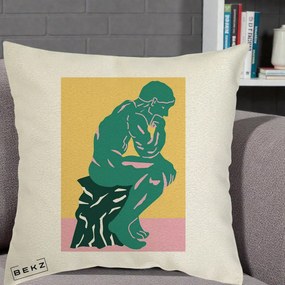 Perna Decorativa Ganditorul Sculptura Pop Art, 40x40 cm, Ecru, Husa Detasabila, Perna Inclusa, BEKZ®