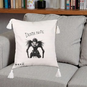 Perna Personalizata Death Note Ryuk Shinigami Alb-Negru, 40x40 cm, Bej cu Franjuri, Husa Detasabila, Perna Inclusa, BEKZ®