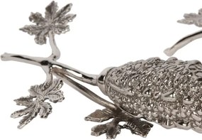 Set solniță și piperniță din alamă lucrată manual, argintiu, în formă de con de pin, cu rămurele și frunze, finisaj nichelat, 5 x 15 x 10 cm,