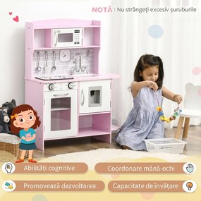 HOMCOM Bucătărie de Jucărie pentru Copii, cu Lumini și Sunete, Dozator Apă, Chiuvetă și Accesorii, MDF, PP, Roz | Aosom Romania