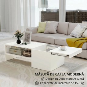 HOMCOM Măsuță de Cafea din Lemn cu Blat Glisant și Raft Deschis și Ascuns, 110x52x36 cm, Alb | Aosom Romania