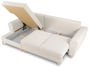 Colțar bej extensibil, cu spațiu de depozitare cu tapițerie din țesătură bouclé (cu colț pe partea stângă, cu șezlong) Kyoto – Cosmopolitan Design