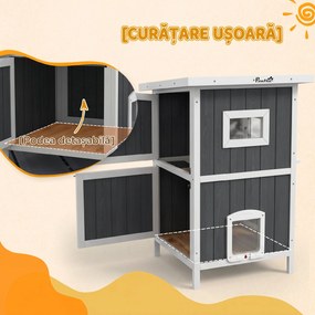 PawHut Casă Exterior Pisici din Lemn, 2 Niveluri, Bază Detașabilă, Uși Evacuare, Acoperiș Asfalt, 60x60x90.5 cm, Gri | Aosom Romania