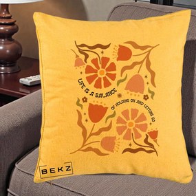 Perna Decorativa Life is a Balance Floral, 40x40 cm, Galben, Husa Detasabila, Perna Inclusa, BEKZ®