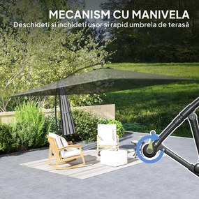 Outsunny Umbrelă Laterală cu Acoperiș Reglabil, Bază în Cruce, Orificii de Ventilație și Manivelă, 355x390x250 cm, Gri | Aosom Romania