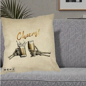 Perna Decorativa Halloween Cheers Schelete cu Bere, 40x40 cm, Crem, Husa Detasabila, Perna Inclusa, BEKZ®