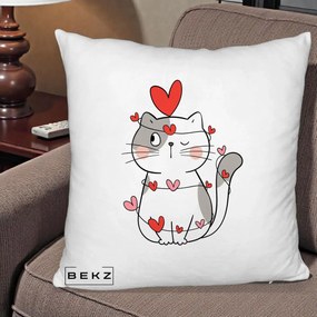 Perna Decorativa Pisica Kawaii cu Inimi, 40x40 cm, Alb Pufos, Husa Detasabila, Perna Inclusa, BEKZ®