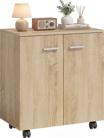 HOMCOM Bufet de living cu roți 2 uși și rafturi pentru living, dormitor, birou 60x35x65 cm Natural | Aosom Romania