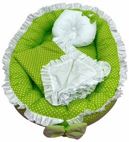 Cuib baby nest bebelusi cu volanase Verde cu buline albe LUX by Deseda + paturica + pernuta
