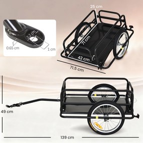 HOMCOM Cărucior pentru Bicicletă cu Pereți Pliabili și Detașabili, Remorcă pentru Bicicletă din Oțel și PE, 139x71.5x49 cm, Negru | Aosom Romania