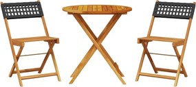 vidaXL Set mobilier bistro, 3 piese, negru, poliratan și lemn masiv