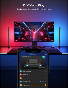 Set 2 Smart LED lampi gamer Govee RGBIC H6047, 24 W, Segmente de culoare adresabile, Wi-Fi, Bluetooth, Govee Home, Negru
