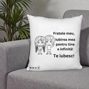 Cadou pentru Frate - Perna Personalizata Fratele Meu Te Iubesc Copii Anime Line Art Negru, 40x40 cm, Alb Pufos, Husa Detasabila, Perna Inclusa, BEKZ®