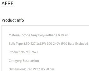 Lustra suspendata design modern, Stone Gray, AERE, L 40cm