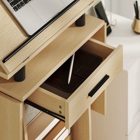 HOMCOM Suport de Podium cu Role, Pupitru cu Aripi Laterale Pliabile, Măsuță pentru Laptop cu Sertar și Rafturi, Stejar | Aosom Romania