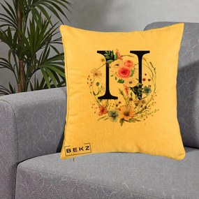 Cadou Personalizat - Perna Personalizata Monogram Litera N cu Flori Acuarela, 40x40 cm, Galben, Husa Detasabila, Perna Inclusa, BEKZ®