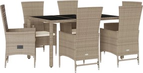vidaXL Set de masă pentru grădină, 7 piese, cu perne, bej, poliratan