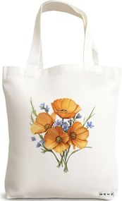 Sacosa de Panza pentru Cumparaturi, Geanta Tote, model Flowers 12 38 x 34.5 cm, Alba, BEKZ®