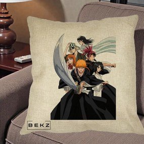 Perna Personalizata Bleach Grup Complet Ichigo si Prietenii, 40x40 cm, Crem, Husa Detasabila, Perna Inclusa, BEKZ®