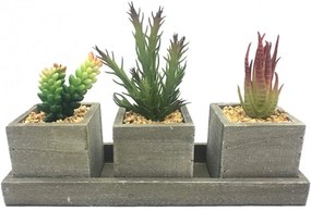 Set de 3 plante artificiale cu ghiveci Aisamco, plastic/lemn, gri/verde, 29 x 20 x 9 cm