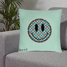 Perna Decorativa Smiley Face Checkered cu Floricele, 40x40 cm, Verde Menta, Husa Detasabila, Perna Inclusa, BEKZ®