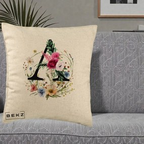 Cadou Personalizat - Perna Personalizata Monogram Litera A cu Flori Acuarela, 40x40 cm, Bej, Husa Detasabila, Perna Inclusa, BEKZ®