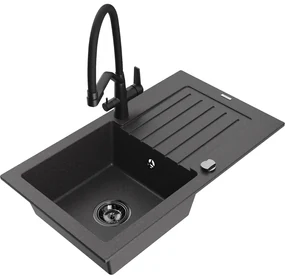 Mexen Pablo chiuvetă granit 1-cameră cu scurgător și baterie Duo, negru pătat - 6510-76-671701-70-B