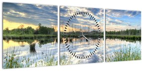 Tablou cu lac și trestie (cu ceas) (90x30 cm)