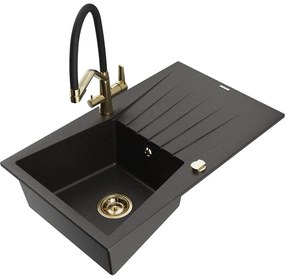 Mexen Cesar chiuvetă de granit cu scurgător și baterie de bucătărie Duo, negru/auriu metalizat - 6514-75-671701-57-G
