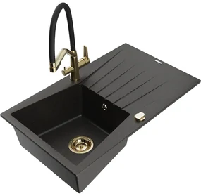 Mexen Cesar chiuvetă de granit cu scurgător și baterie de bucătărie Duo, negru/auriu metalizat - 6514-75-671701-57-G