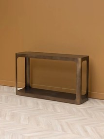 Consolă metalică cu raft din sticlă, formă rotunjită, finisaj auriu antichizat, 76x40x130 cm, „Lexton"