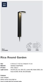 Lampa LED solara cu tarus, senzor de miscare, design modern, IP44 RICA ROUND 2118158003 NL