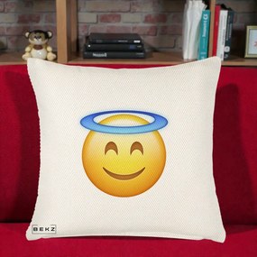 Perna Decorativa Emoji Inger cu Aureola, 40x40 cm, Crem Reliefat, Husa Detasabila, Perna Inclusa, BEKZ®