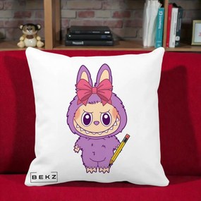 Perna Personalizata Labubu Mov cu Funda Rosie si Creion, 40x40 cm, Alba Mata, Husa Detasabila, Perna Inclusa, BEKZ®
