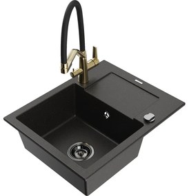 Mexen Enzo chiuvetă de granit cu un compartiment, cu picurător și baterie de bucătărie Duo, Neagră/Auriu metalic - 6506-75-67170
