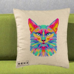 Perna Decorativa Pisica Pop Art Multicolor, 40x40 cm, Bej, Husa Detasabila, Perna Inclusa, BEKZ®