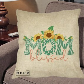 Cadou pentru Mama - Perna Personalizata Mom Blessed cu Floarea Soarelui Animal Print Teal, 40x40 cm, Crem, Husa Detasabila, Perna Inclusa, BEKZ®