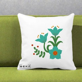 Perna Decorativa Flori Stilizate Folk Turcoaz, 40x40 cm, Alba Mata, Husa Detasabila, Perna Inclusa, BEKZ®