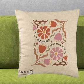 Perna Decorativa Life is a Balance Floral, 40x40 cm, Bej, Husa Detasabila, Perna Inclusa, BEKZ®