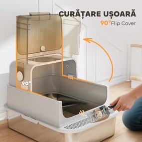 Litieră pentru Pisici PawHut XXL din Oțel Inoxidabil cu Capac Rabatabil la 90° Gri | Aosom Romania