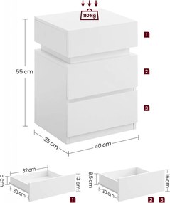 NOA28 - Set 2x Noptiere albe 40x35x55 cm, cu 3 sertare si LED, dormitor - Alb
