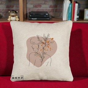 Perna Decorativa Femeie cu Flori Line Art Boho, 40x40 cm, Bej Canapea, Husa Detasabila, Perna Inclusa, BEKZ®