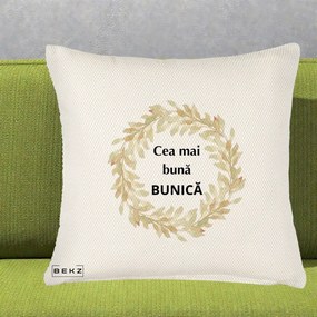 Cadou pentru Bunica - Perna Personalizata Cea Mai Buna Bunica Coronita Frunze Acuarela, 40x40 cm, Crem Reliefat, Husa Detasabila, Perna Inclusa, BEKZ®