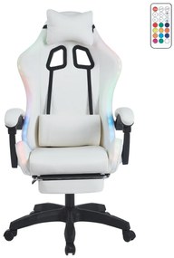 Scaun gaming, sistem iluminare bandă LED RGB, masaj în perna lombară, suport picioare, Alb