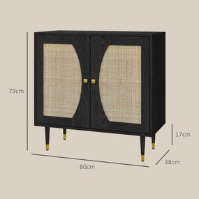 HOMCOM Bufet de bucătărie mobilier de depozitare design boem cu dublă uși și 2 nivele, fațadă din răchită 80 x 38 x 79 cm negru | Aosom Romania