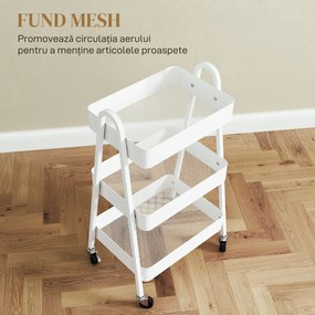 HOMCOM Cărucior de Bucătărie cu 3 Niveluri, Roți Pivotante, Mânere și Frâne, 42,4x29,8x74,5 cm, Alb | Aosom Romania